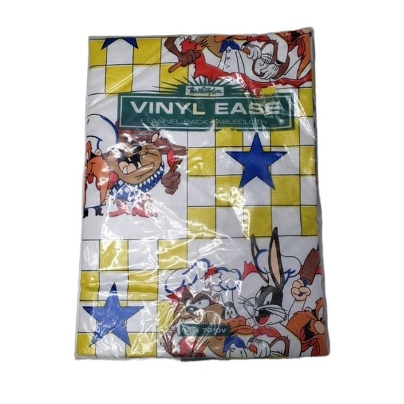 NEW Vintage Looney Tunes Vinyl Tablecloth 52x70" Oval‎ White Yellow Check Taz - Picture 1 of 6